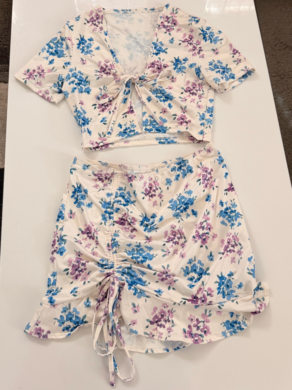 Floral Tie-Front Women’s Top in White with Blue & Purple Blooms
